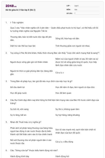 Đề thi giữa kì 2 Văn lớp 8 (Đề 2)