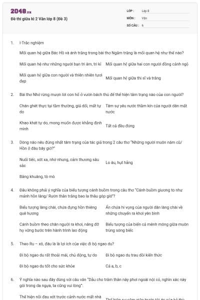 Đề thi giữa kì 2 Văn lớp 8 (Đề 3)