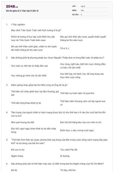 Đề thi giữa kì 2 Văn lớp 8 (Đề 4)
