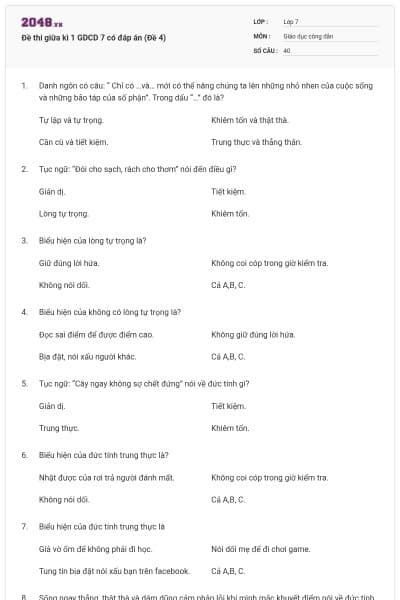 Đề thi giữa kì 1 GDCD 7 có đáp án (Đề 4)