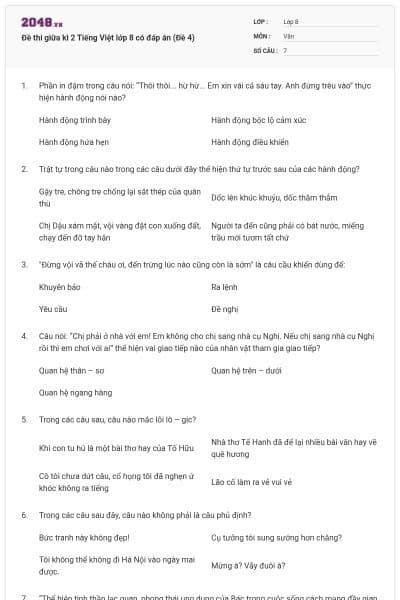 Đề thi giữa kì 2 Tiếng Việt lớp 8 có đáp án (Đề 4)