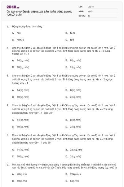 ÔN TẬP CHUYÊN ĐỀ: ĐỊNH LUẬT BẢO TOÀN ĐỘNG LƯỢNG (CÓ LỜI GIẢI)