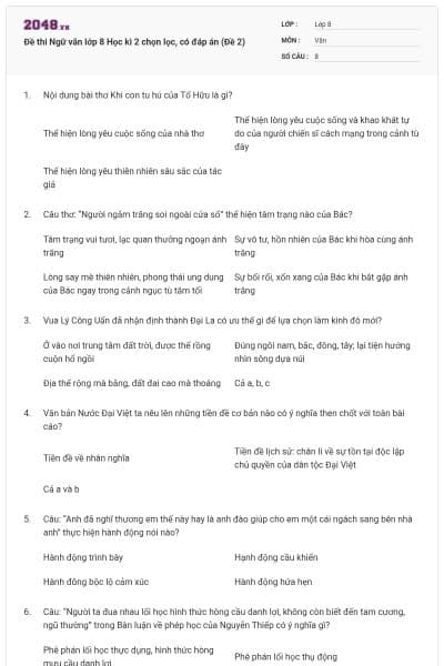 Đề thi Ngữ văn lớp 8 Học kì 2 chọn lọc, có đáp án (Đề 2)