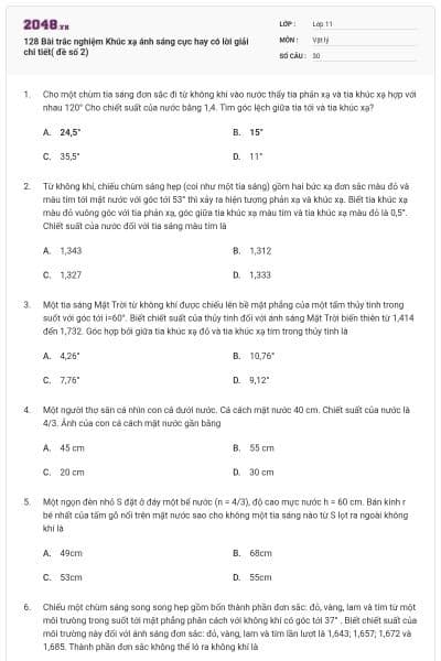 128 Bài trắc nghiệm Khúc xạ ánh sáng cực hay có lời giải chi tiết( đề số 2)