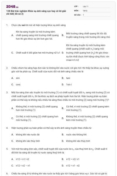 128 Bài trắc nghiệm Khúc xạ ánh sáng cực hay có lời giải chi tiết( đề số 3)