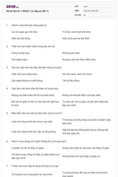 Đề thi Học kì 1 GDCD 7 có đáp án (Đề 1)