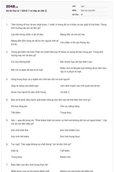 Đề thi Học kì 1 GDCD 7 có đáp án (Đề 2)