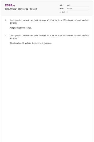Bài 2.7 trang 4 Sách bài tập Hóa học 9