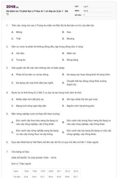 Đề kiểm tra 15 phút Địa Lí 9 Học kì 1 có đáp án (Lần 1 - Đề 1)
