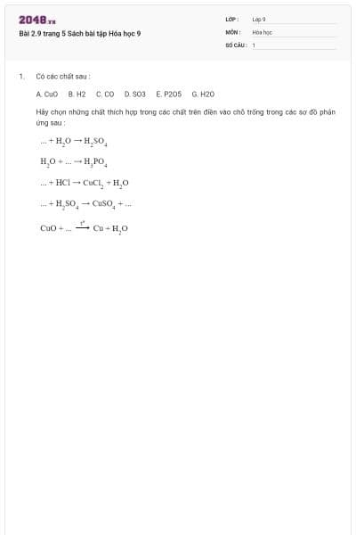 Bài 2.9 trang 5 Sách bài tập Hóa học 9