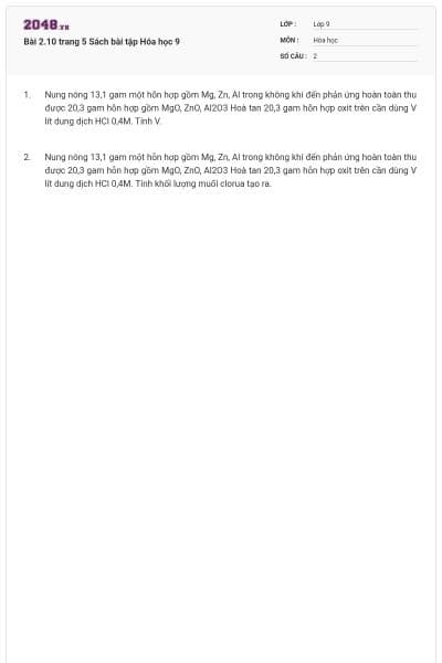 Bài 2.10 trang 5 Sách bài tập Hóa học 9