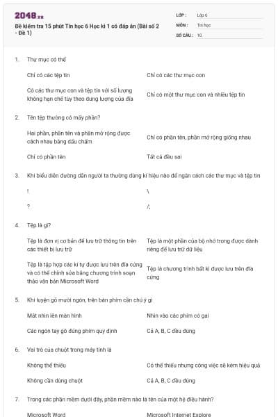 Đề kiểm tra 15 phút Tin học 6 Học kì 1 có đáp án (Bài số 2 - Đề 1)