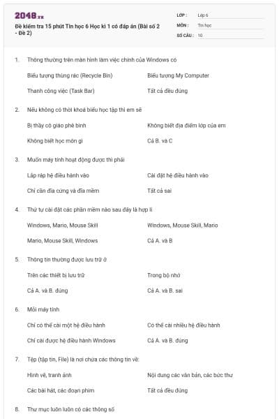 Đề kiểm tra 15 phút Tin học 6 Học kì 1 có đáp án (Bài số 2 - Đề 2)