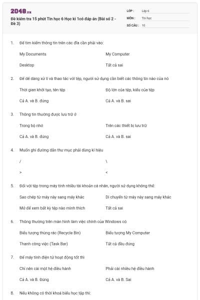 Đề kiểm tra 15 phút Tin học 6 Học kì 1có đáp án (Bài số 2 - Đề 3)