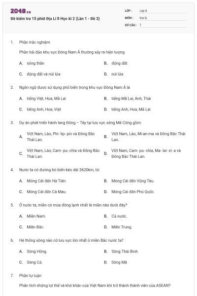 Đề kiểm tra 15 phút Địa Lí 8 Học kì 2 (Lần 1 - Đề 3)