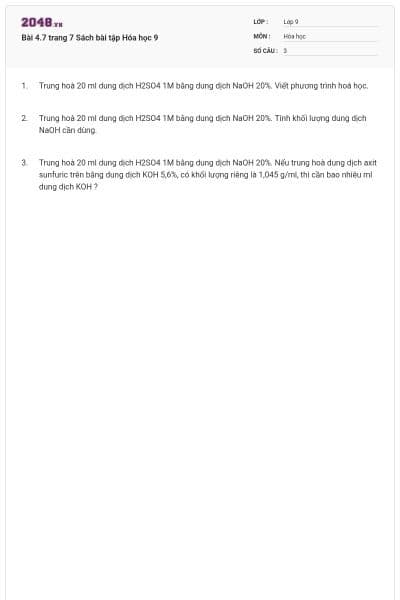 Bài 4.7 trang 7 Sách bài tập Hóa học 9