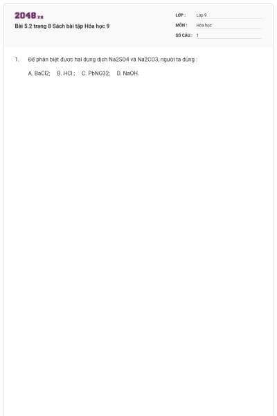 Bài 5.2 trang 8 Sách bài tập Hóa học 9