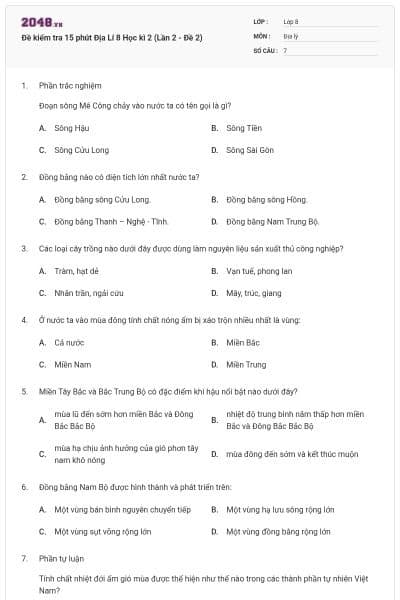 Đề kiểm tra 15 phút Địa Lí 8 Học kì 2 (Lần 2 - Đề 2)