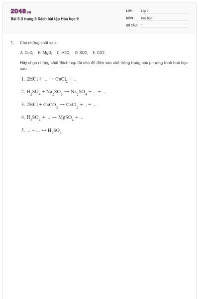 Bài 5.3 trang 8 Sách bài tập Hóa học 9