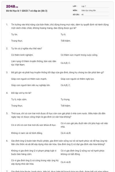 Đề thi Học kì 1 GDCD 7 có đáp án (Đề 3)