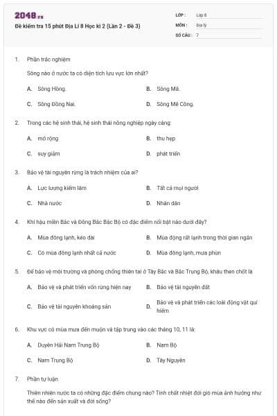 Đề kiểm tra 15 phút Địa Lí 8 Học kì 2 (Lần 2 - Đề 3)