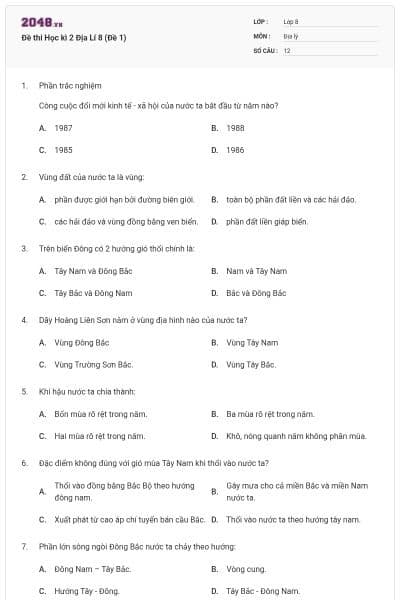 Đề thi Học kì 2 Địa Lí 8 (Đề 1)