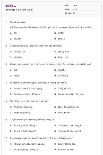 Đề thi Học kì 2 Địa Lí 8 (Đề 2)