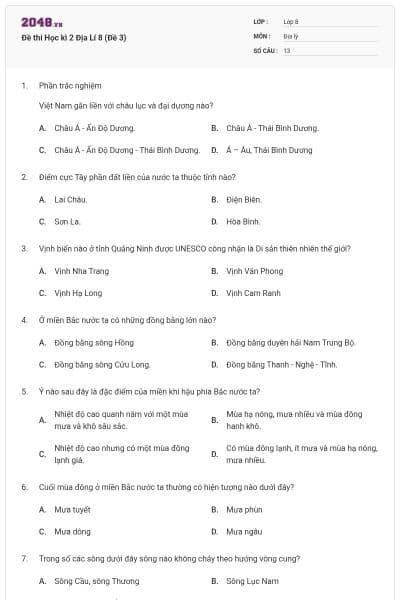 Đề thi Học kì 2 Địa Lí 8 (Đề 3)