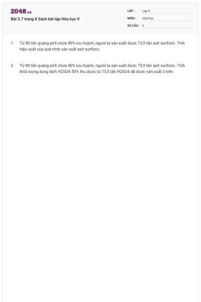 Bài 5.7 trang 8 Sách bài tập Hóa học 9