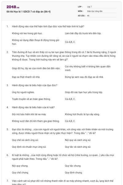 Đề thi Học kì 1 GDCD 7 có đáp án (Đề 4)