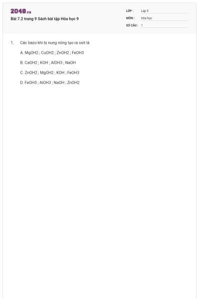 Bài 7.2 trang 9 Sách bài tập Hóa học 9