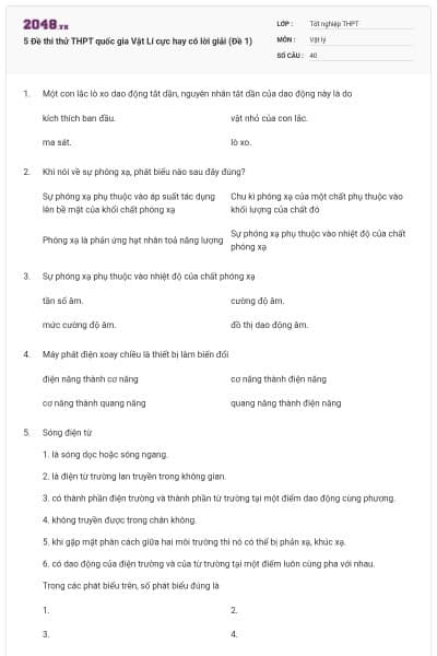 5 Đề thi thử THPT quốc gia Vật Lí cực hay có lời giải (Đề 1)