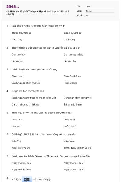 Đề kiểm tra 15 phút Tin học 6 Học kì 2 có đáp án (Bài số 1 - Đề 2)