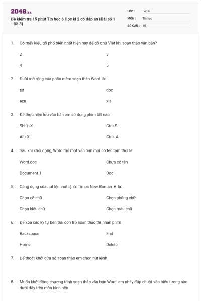 Đề kiểm tra 15 phút Tin học 6 Học kì 2 có đáp án (Bài số 1 - Đề 3)