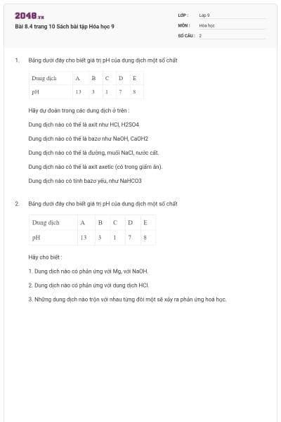 Bài 8.4 trang 10 Sách bài tập Hóa học 9