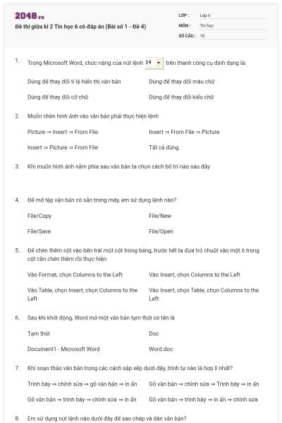 Đề thi giữa kì 2 Tin học 6 có đáp án (Bài số 1 - Đề 4)