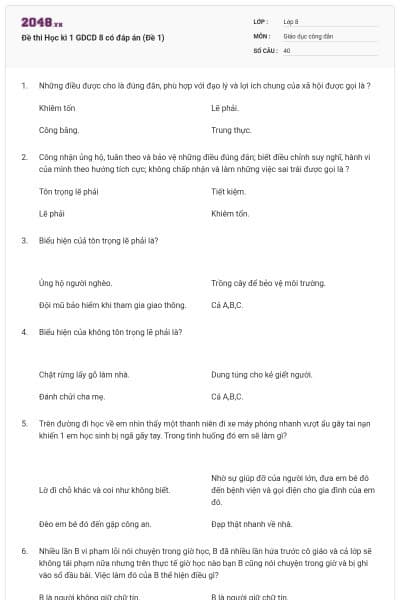 Đề thi Học kì 1 GDCD 8 có đáp án (Đề 1)