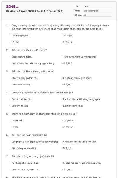 Đề kiểm tra 15 phút GDCD 8 Học kì 1 có đáp án (Đề 1)