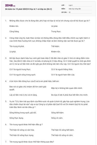 Đề kiểm tra 15 phút GDCD 8 Học kì 1 có đáp án (Đề 2)