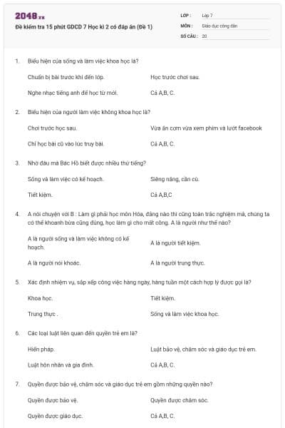 Đề kiểm tra 15 phút GDCD 7 Học kì 2 có đáp án (Đề 1)