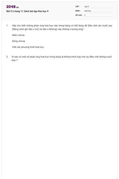 Bài 9.2 trang 11 Sách bài tập Hóa học 9