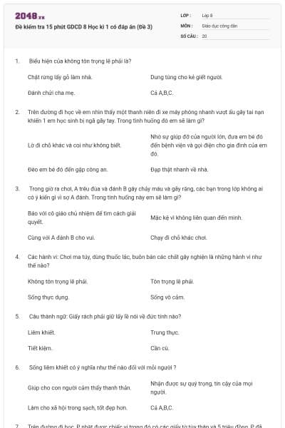Đề kiểm tra 15 phút GDCD 8 Học kì 1 có đáp án (Đề 3)