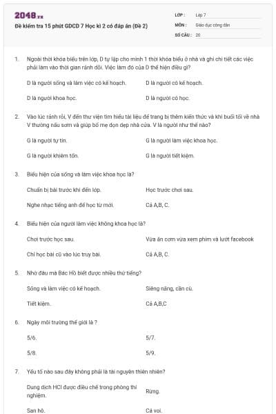 Đề kiểm tra 15 phút GDCD 7 Học kì 2 có đáp án (Đề 2)