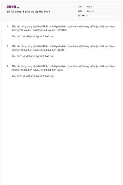 Bài 9.3 trang 11 Sách bài tập Hóa học 9