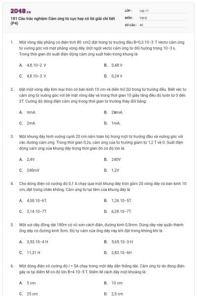 181 Câu trắc nghiệm Cảm ứng từ cực hay có lời giải chi tiết (P4)