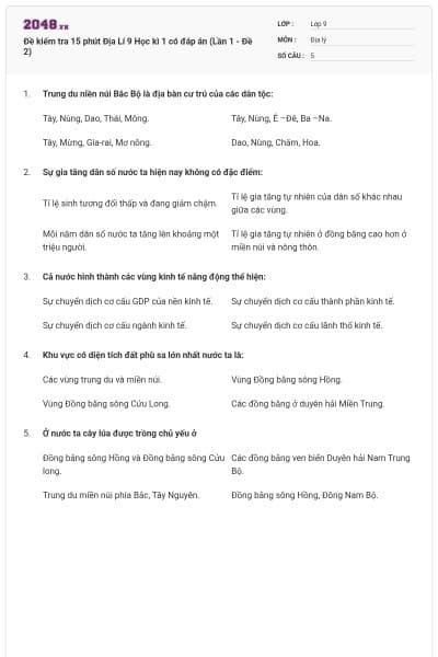 Đề kiểm tra 15 phút Địa Lí 9 Học kì 1 có đáp án (Lần 1 - Đề 2)