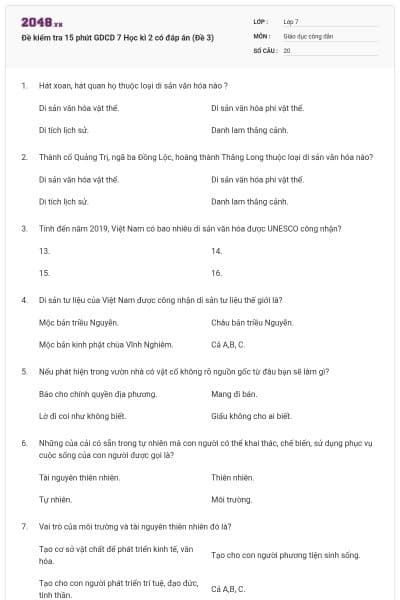 Đề kiểm tra 15 phút GDCD 7 Học kì 2 có đáp án (Đề 3)