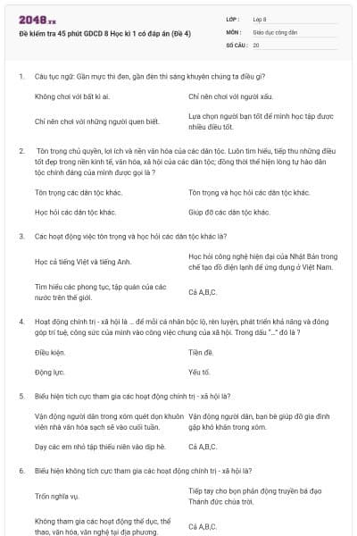 Đề kiểm tra 45 phút GDCD 8 Học kì 1 có đáp án (Đề 4)