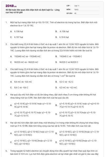40 Bài toán liên quan đến điện tích và định luật Cu - Lông cực hay có lời giải