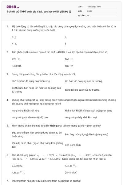 5 Đề thi thử THPT quốc gia Vật Lí cực hay có lời giải (Đề 2)